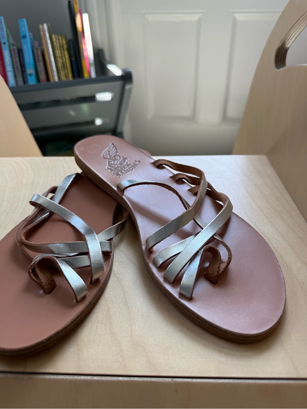 Ancient Greek Sandals Metallic Champagne Leather Toe-Loop Sandals never worn